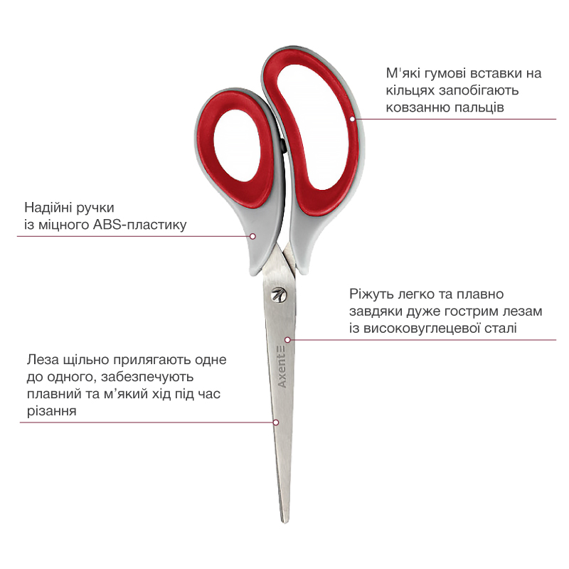 Ножиці Axent Duoton Soft 6102-06-A, 21 см, з прогумованими ручками, сіро-червоні